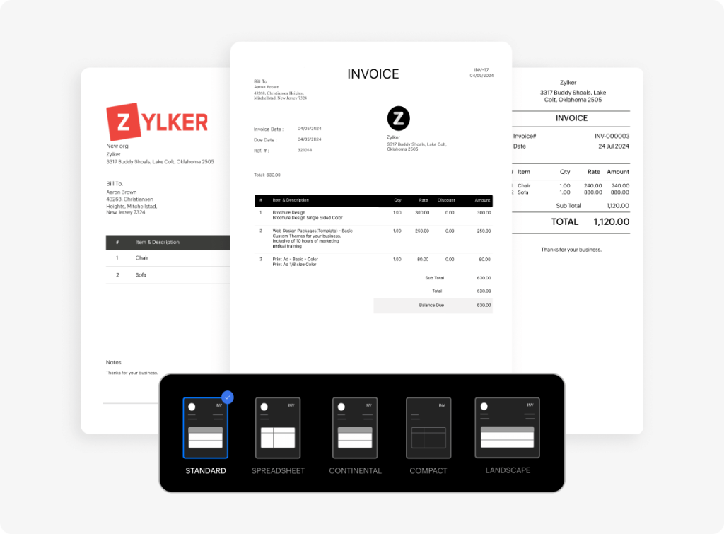Sample of Zoho Books customized invoices