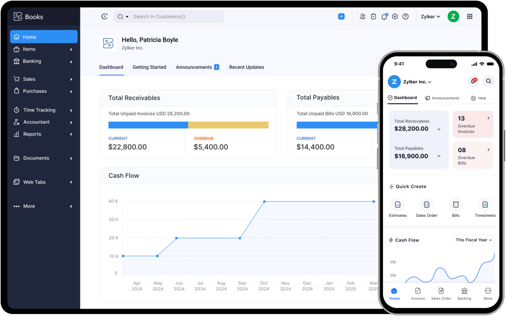 Zoho Books dashboard on tablet and phone, showing cross-platform compatibility